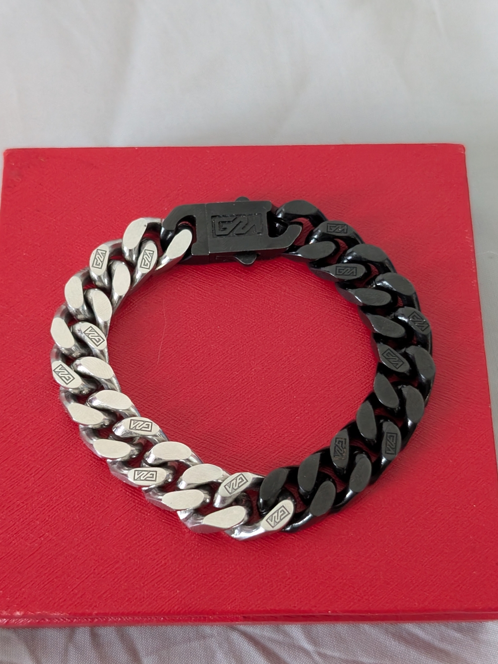 Two-Tone Black & Silver Cuban Link Cuff Bracelet